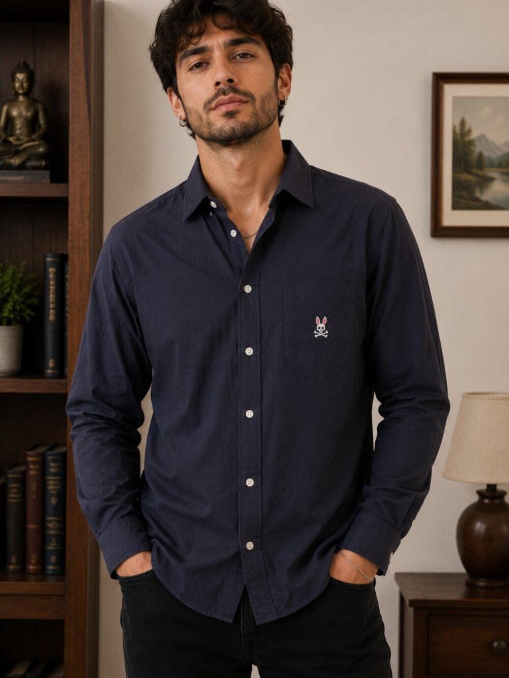 Psycho Bunny Men's Navy Blue Buttoned Shirt - Size Large